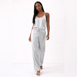 Vintage Blue Silver Satin Two Piece Set Size 44 Camisole Wide Leg Pants Lounge